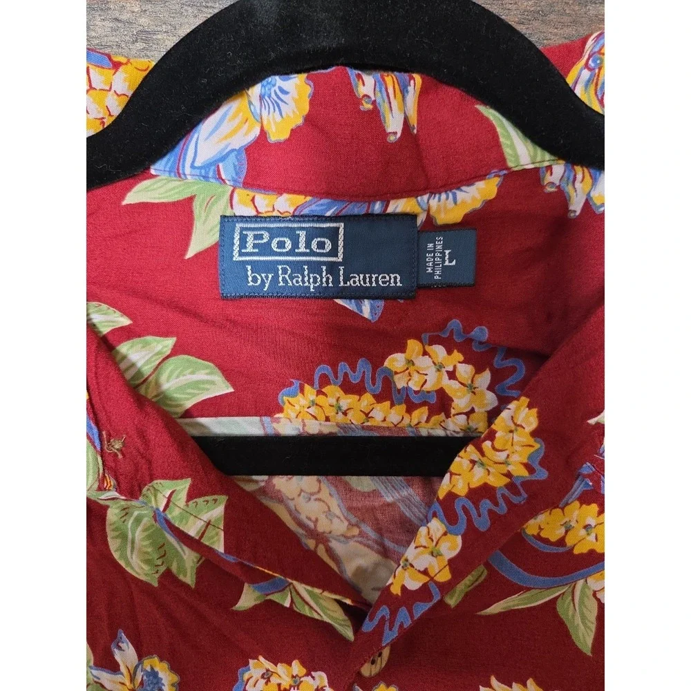 VTG‎ Polo Ralph Lauren Mens L Hawaiian Camp Shirt Button Down Red Tropical